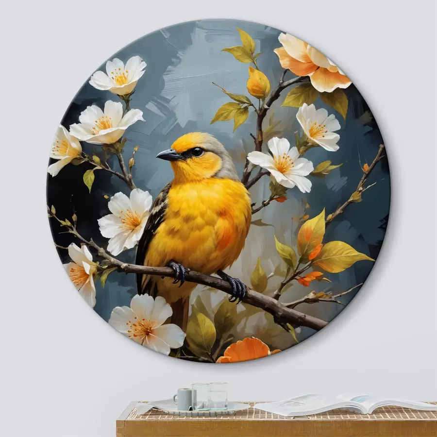 murales de pared Un pájaro amarillo sentado en una rama con flores blancas y naranjas de fondo r40550