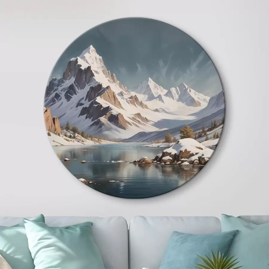 murales de pared Una cordillera nevada reflejada en un lago tranquilo, con barcos flotando en el agua y un cielo dramáticamente nublado r40551