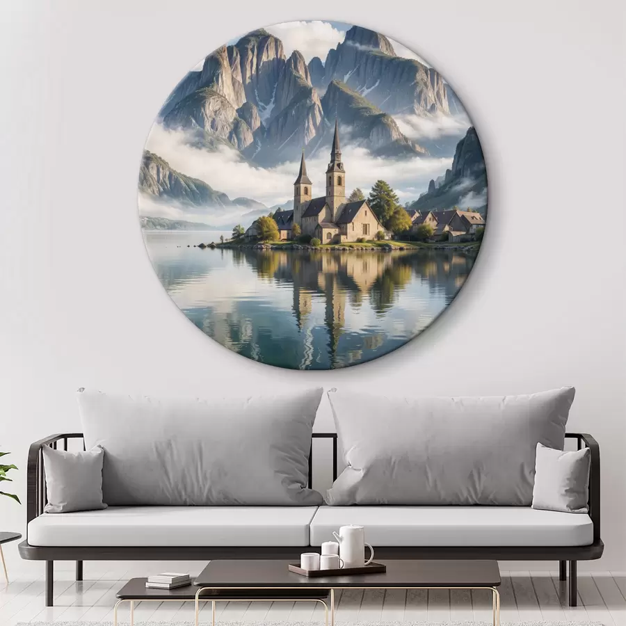 murales de pared Un pintoresco pueblo alpino situado a orillas de un tranquilo lago y dominado por montañas nevadas r40554