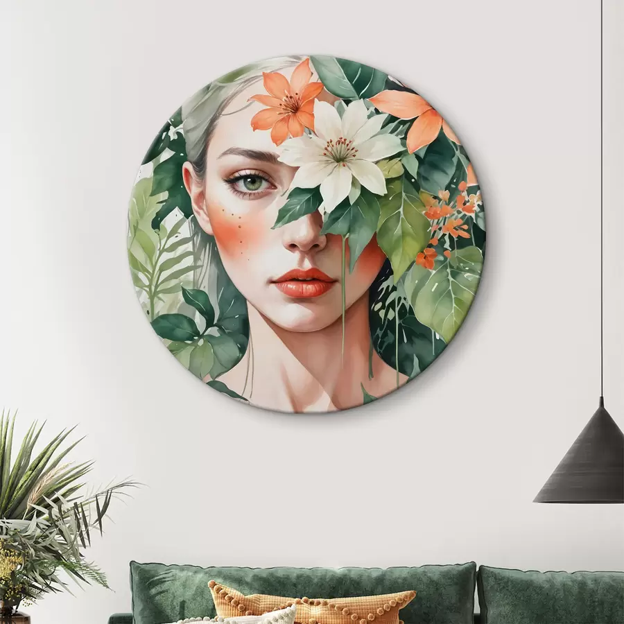 murales de pared Mujer de pelo rubio rodeada de vibrantes flores tropicales naranjas y blancas, hojas verdes y vegetación r40557