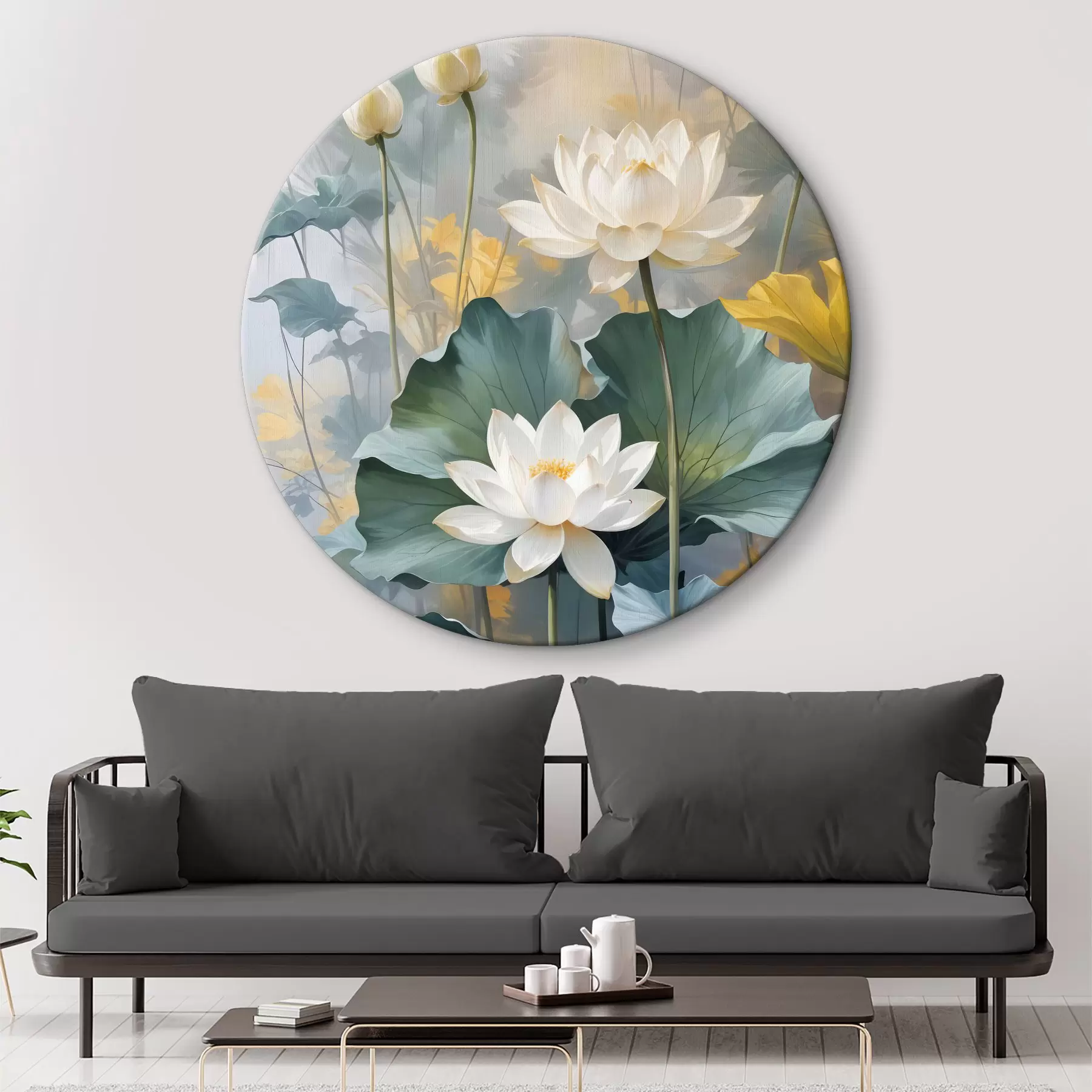 murales de pared Flores de loto blanco en un estanque con pétalos de nenúfar verde, rodeado de flores amarillas y fondo borroso r40559