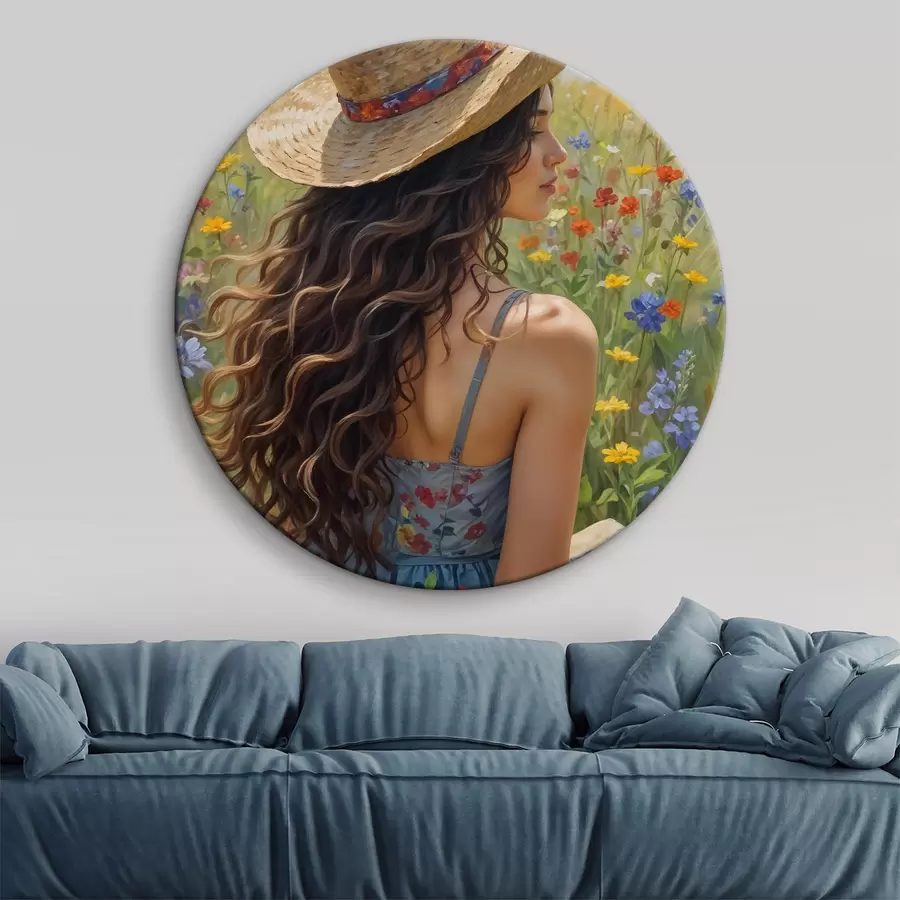 murales de pared Mujer joven con el pelo rizado, llevando un sombrero de paja y un vestido floral, de pie en un campo de flores silvestres r40560