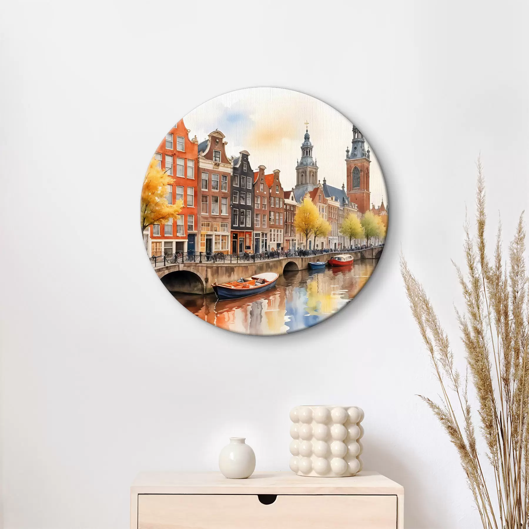 murales de pared Acuarela de Amsterdam con casas tradicionales holandesas y barcos en el agua r40561