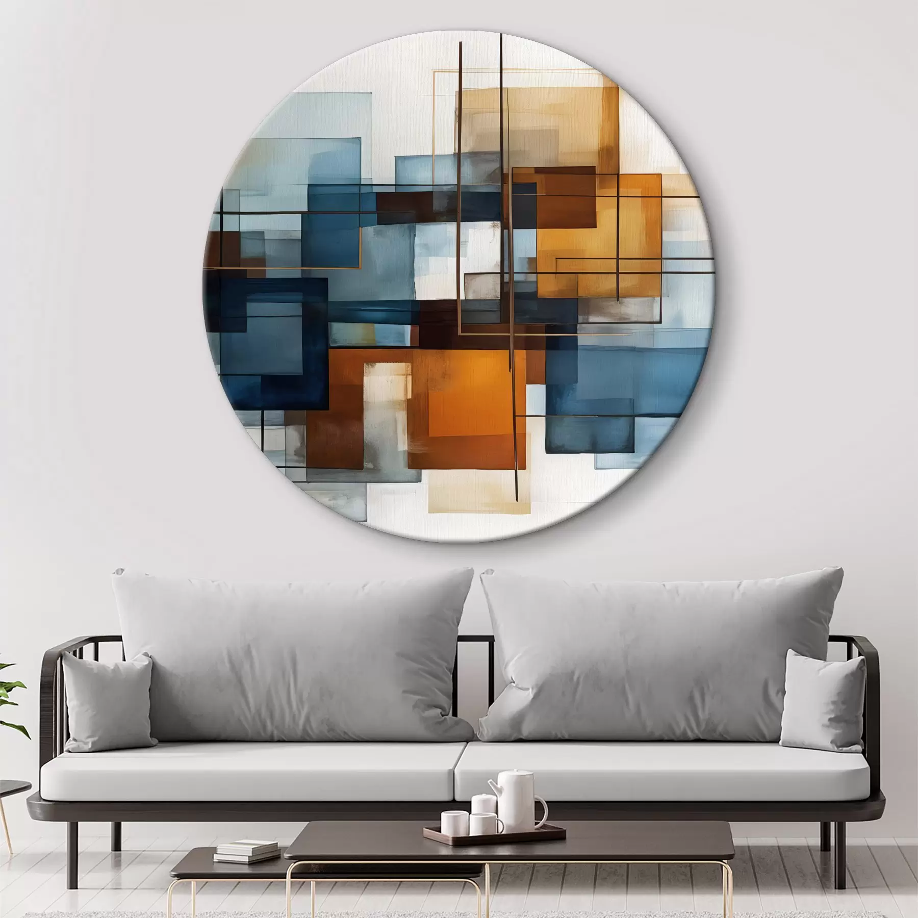 murales de pared Formas geométricas abstractas en tonos azules, naranjas y marrones crean una composición moderna y minimalista r40563