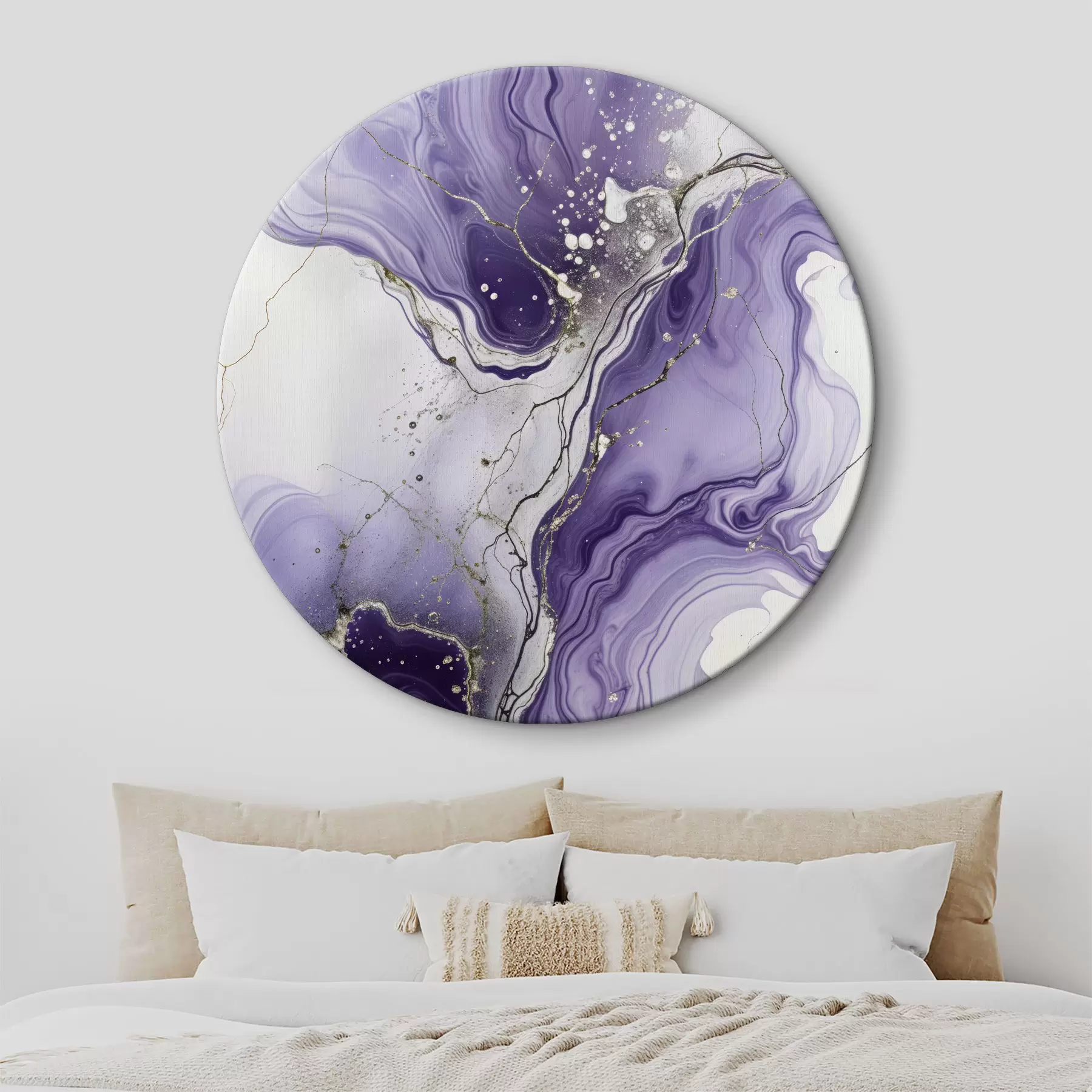 murales de pared Composición abstracta de arte fluido impresa con tintas moradas, blancas y grises arremolinadas r40566