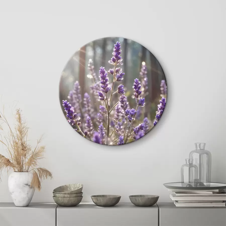 murales de pared Flores de lavanda púrpura en un campo, fondo de bosque difuminado y la luz del sol brillando a través de ellas r40570