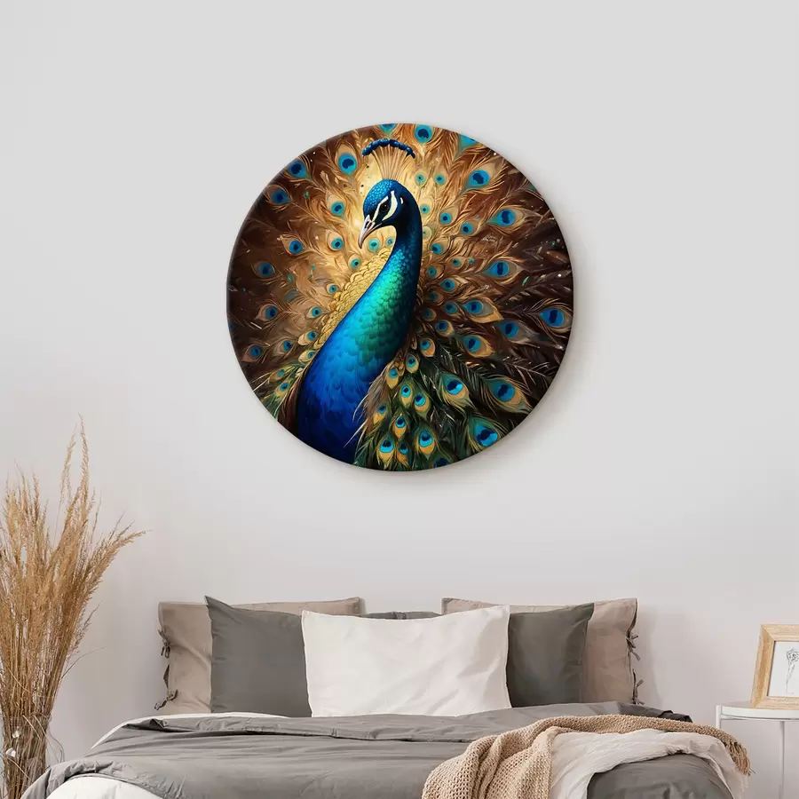 murales de pared Un animado pavo real con las plumas totalmente al descubierto, mostrando un impresionante plumaje azul y verde r40571