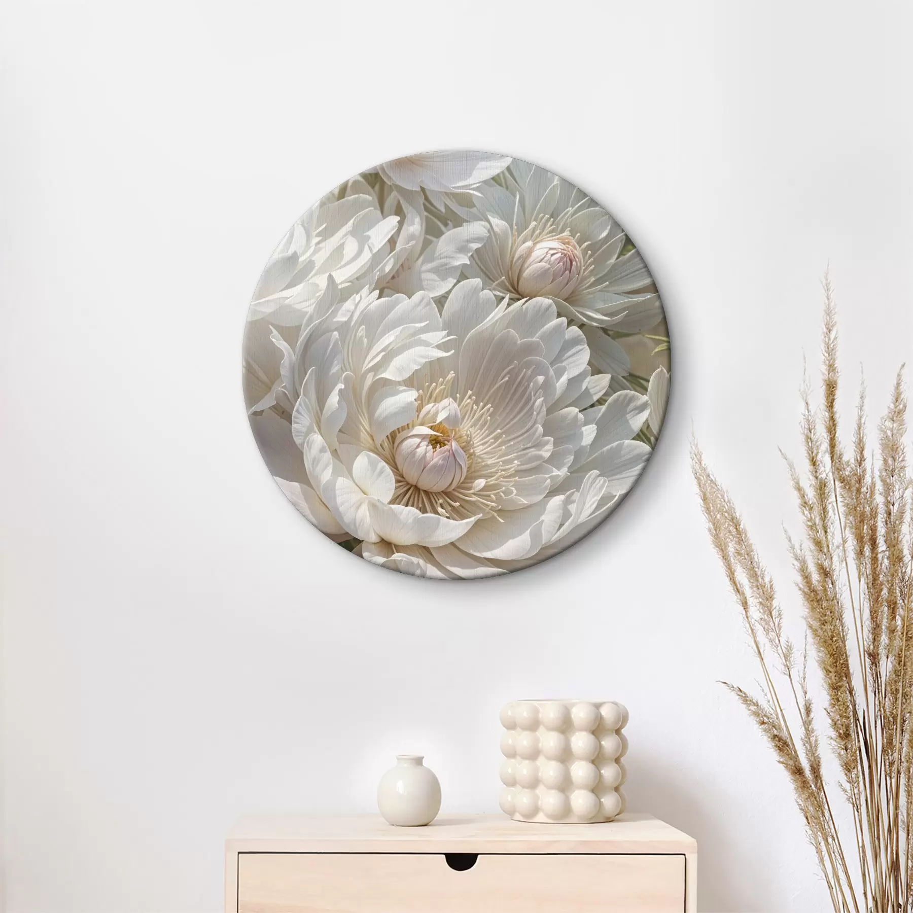 murales de pared Primer plano de varias flores grandes de peonía blanca con pétalos suaves y delicados y centros amarillos brillantes r40575