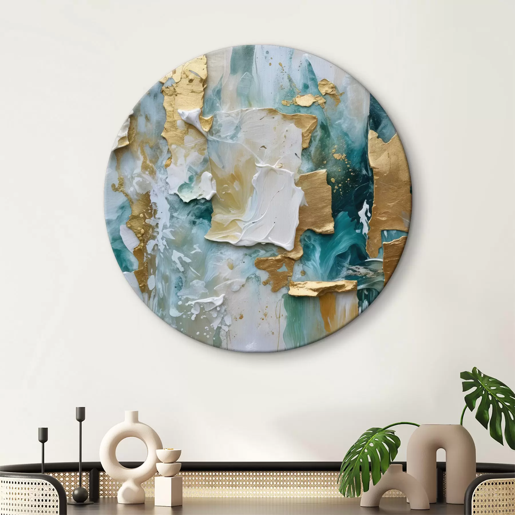 murales de pared Pintura descascarillada con capas de blanco, azul y amarillo crea un estampado abstracto y texturizado r40577