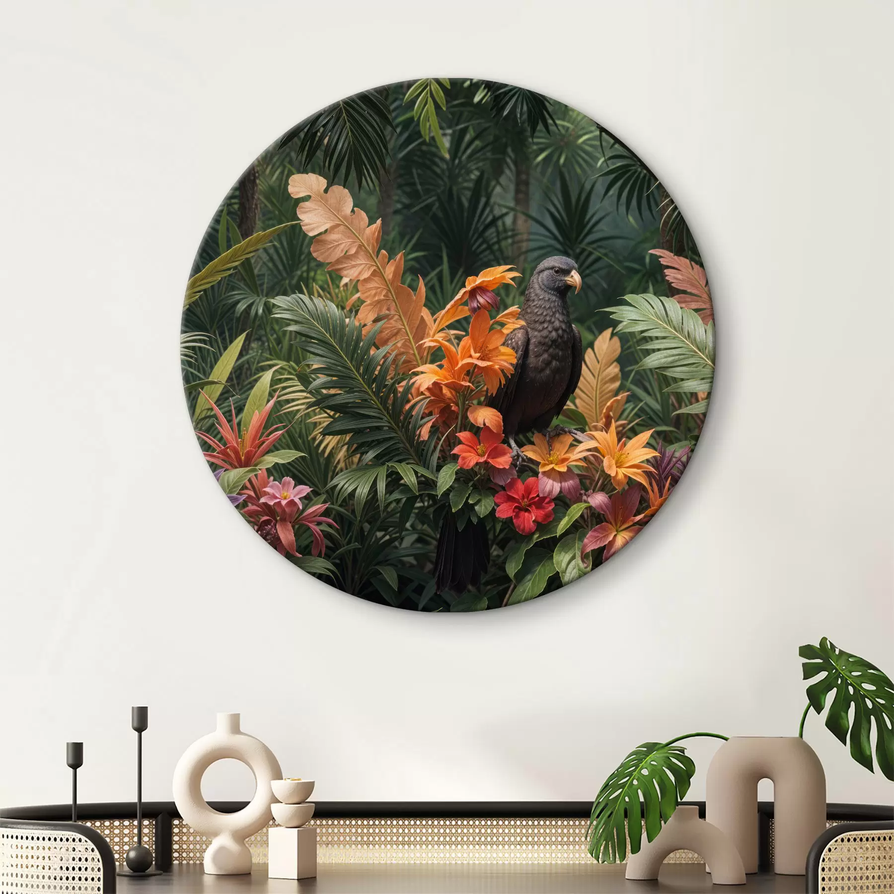 murales de pared Pájaro tropical sentado en una rama rodeado de exuberante vegetación, hojas de palmera, flores y plantas exóticas r40578