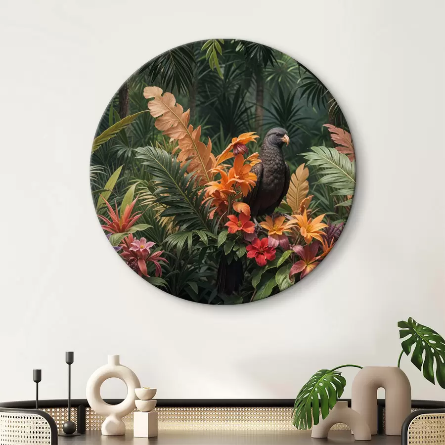 murales de pared Pájaro tropical sentado en una rama rodeado de exuberante vegetación, hojas de palmera, flores y plantas exóticas r40578