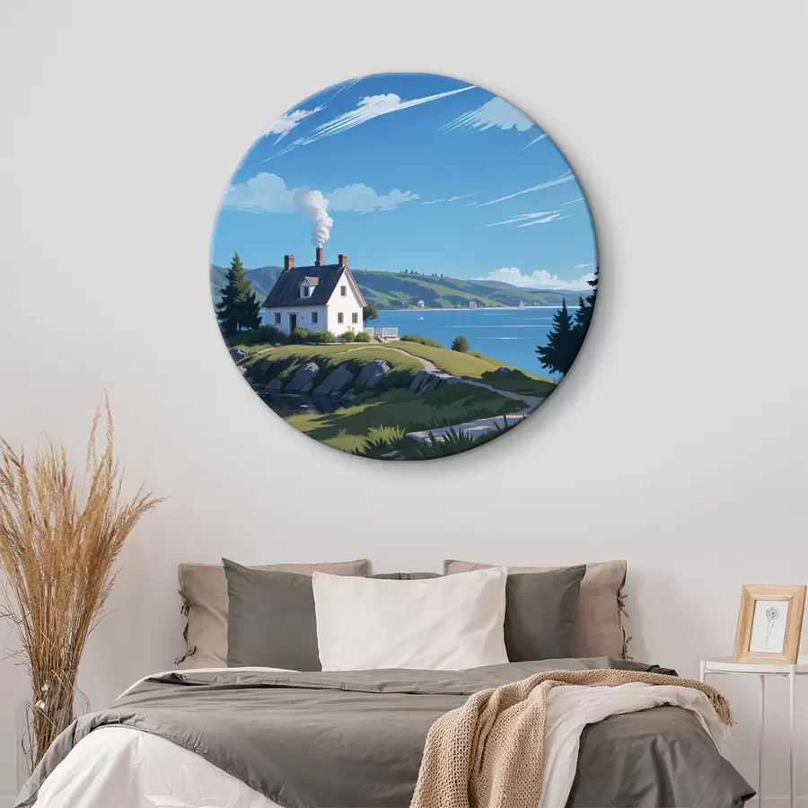 murales de pared Una casa blanca en una colina cubierta de hierba con montañas al fondo y un cielo azul con nubes hinchadas r40587