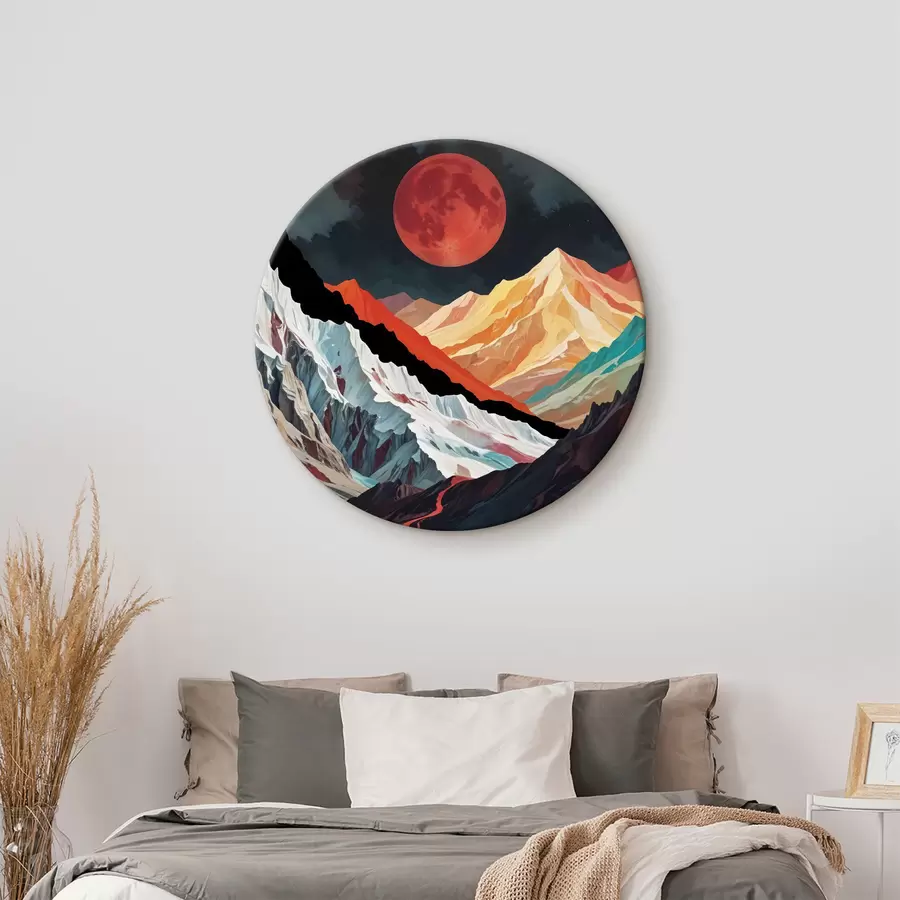 murales de pared Paisaje surrealista con altas montañas escarpadas bajo una gran luna roja brillante en un cielo nublado oscuro r40589