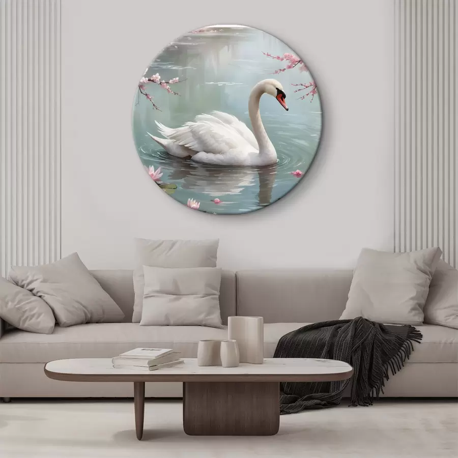 murales de pared Grácil cisne blanco nadando en un tranquilo estanque rodeado de cerezos rosas en flor r40597