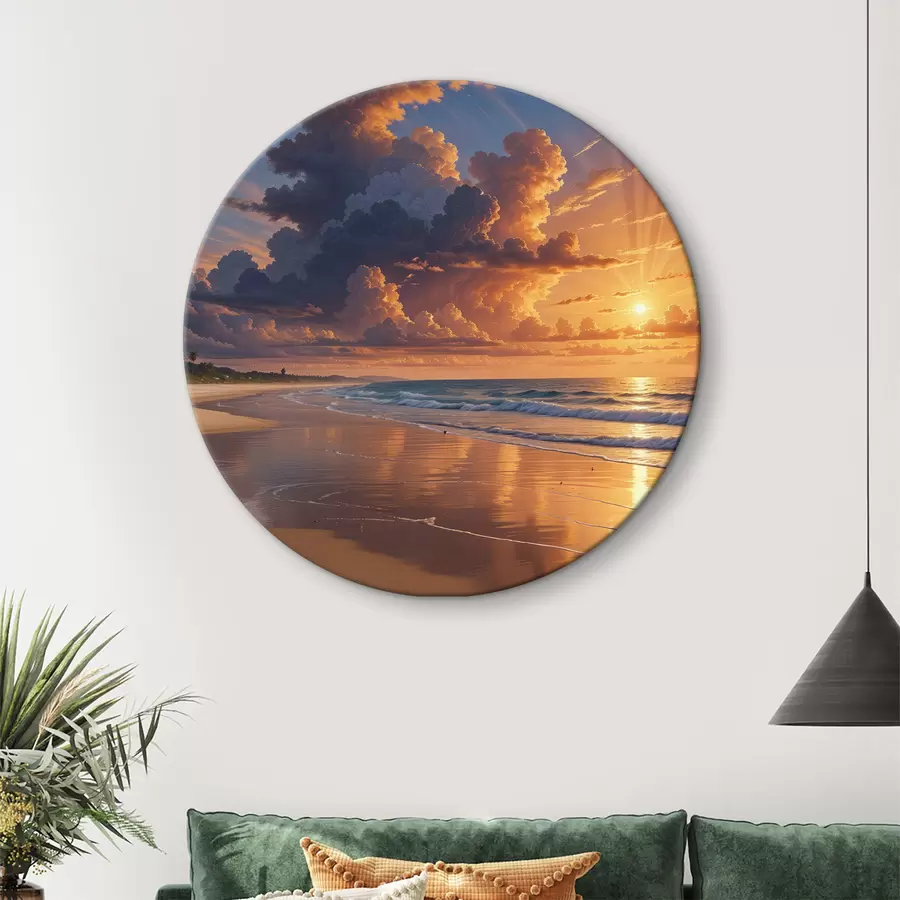 murales de pared Dramática puesta de sol sobre una playa tropical, con vibrantes nubes naranjas y rosas reflejándose en las tranquilas aguas r40599