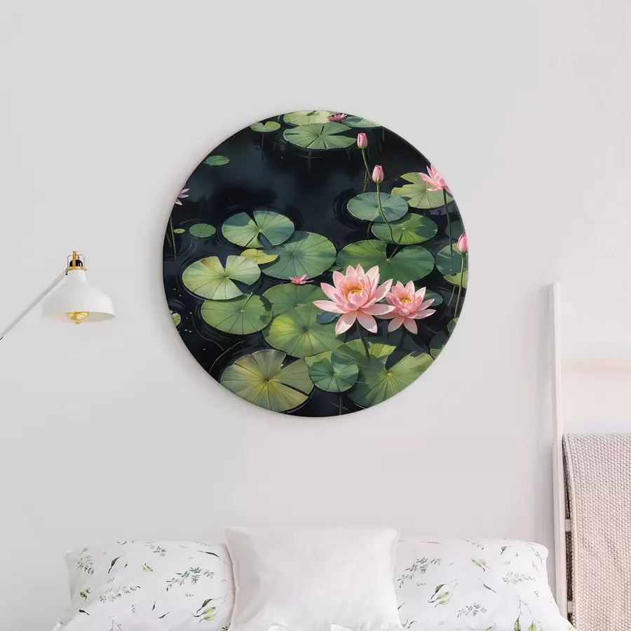 murales de pared Un estanque con nenúfares rosas y pétalos de nenúfares verdes flotando en la superficie, rodeado de un fondo oscuro r40598