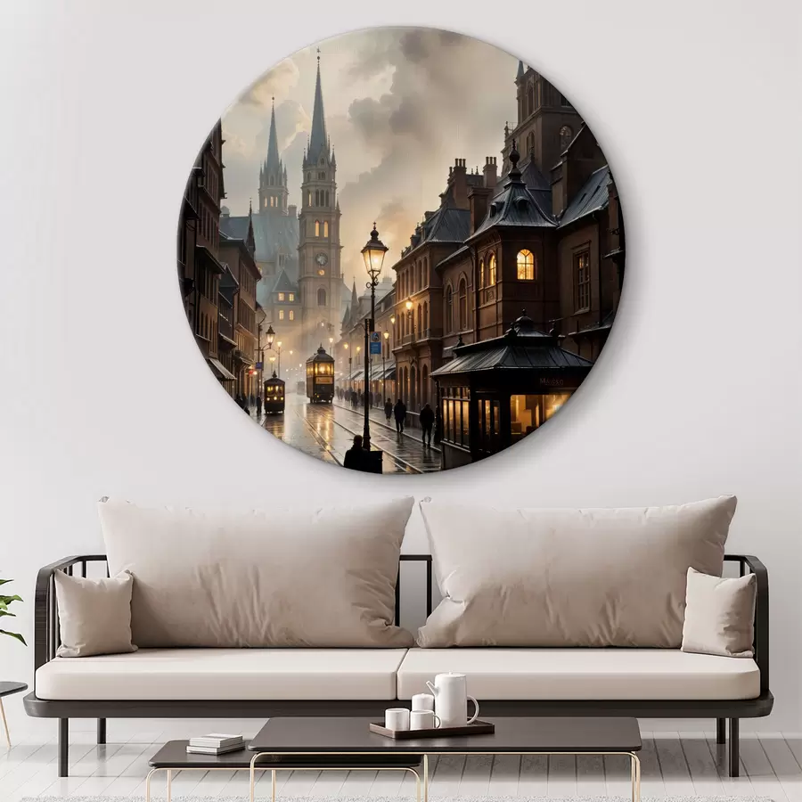 murales de pared Tarde lluviosa en una vieja ciudad europea, con calles empedradas, edificios históricos y un tranvía que pasa r40604