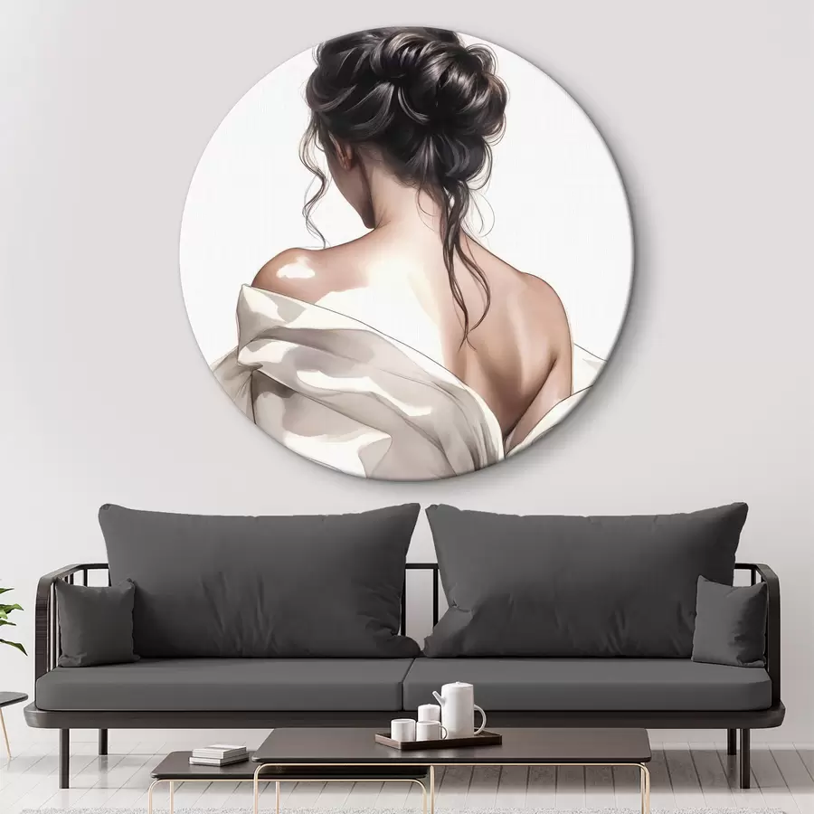 murales de pared Un cuadro minimalista que representa a una mujer con el pelo largo, oscuro y ondulado, peinado en un elegante recogido y vestida con un albornoz blanco r40605