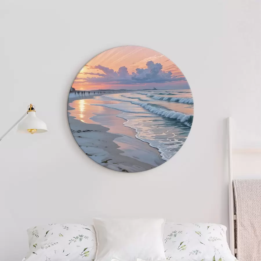 murales de pared Tranquila escena en la playa al atardecer, con suaves olas rompiendo en la orilla arenosa r40606