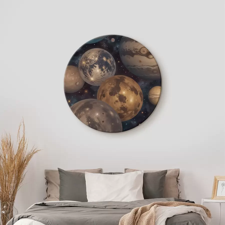 murales de pared Estampado espacial abstracto con coloridos planetas y lunas flotando en el cielo nocturno estrellado r40607