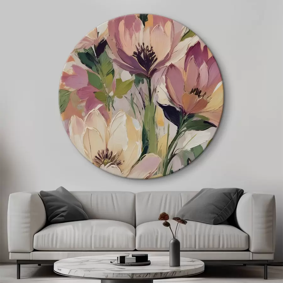 murales de pared Un vibrante arreglo floral con grandes y coloridas flores en tonos rosa, melocotón y amarillo r40609