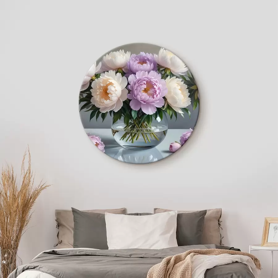 murales de pared Un ramo de grandes y exuberantes peonías blancas y rosas en un jarrón de cristal sobre fondo gris r40610