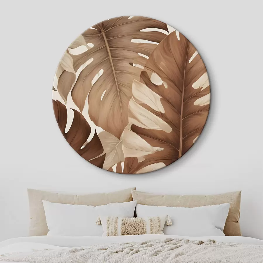 murales de pared Un estampado de hojas tropicales con una textura natural y orgánica en tonos marrones y beige r40613