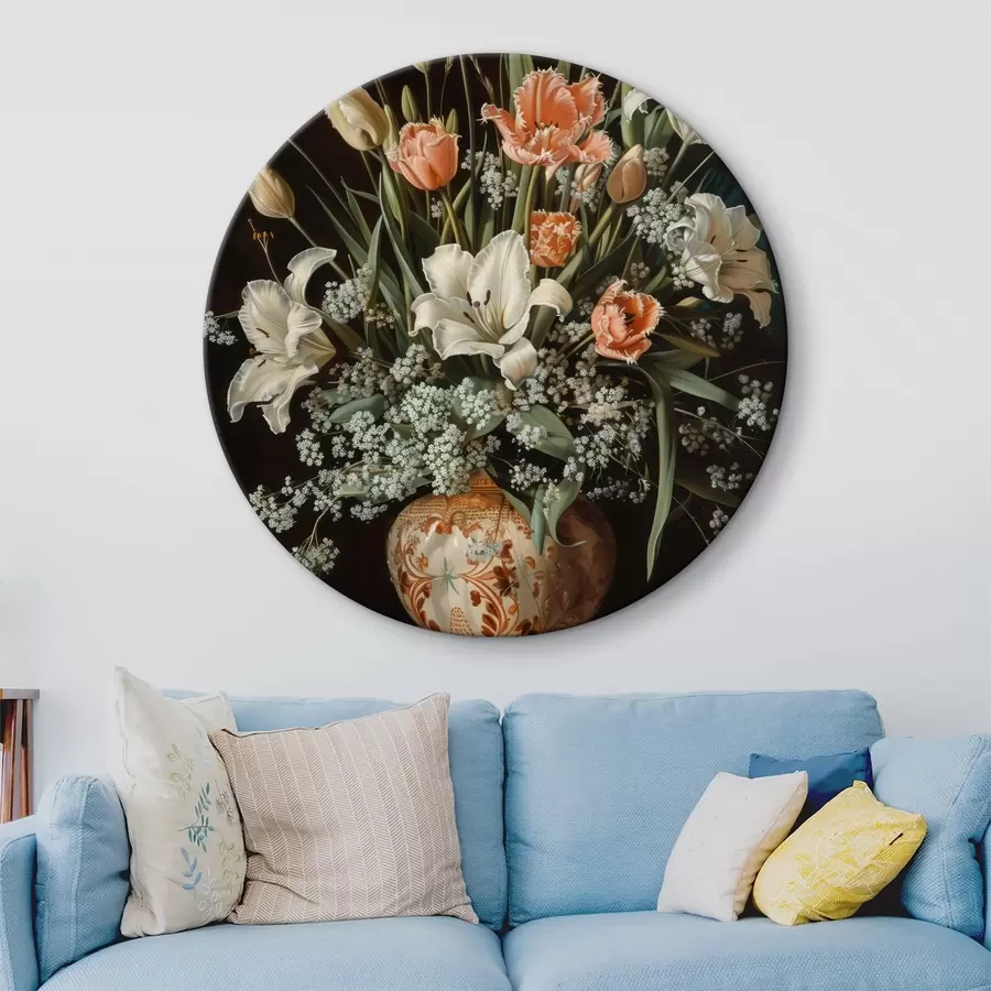 murales de pared Extravagante bodegón barroco que representa un jarrón lleno de tulipanes, claveles y jacintos, imitación de un óleo r40658