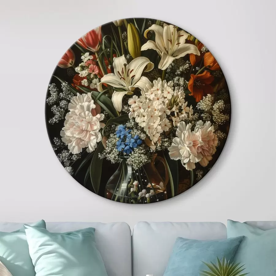 murales de pared Bodegón barroco con un jarrón lleno de tulipanes, claveles y jacintos, imitación de un óleo r40659