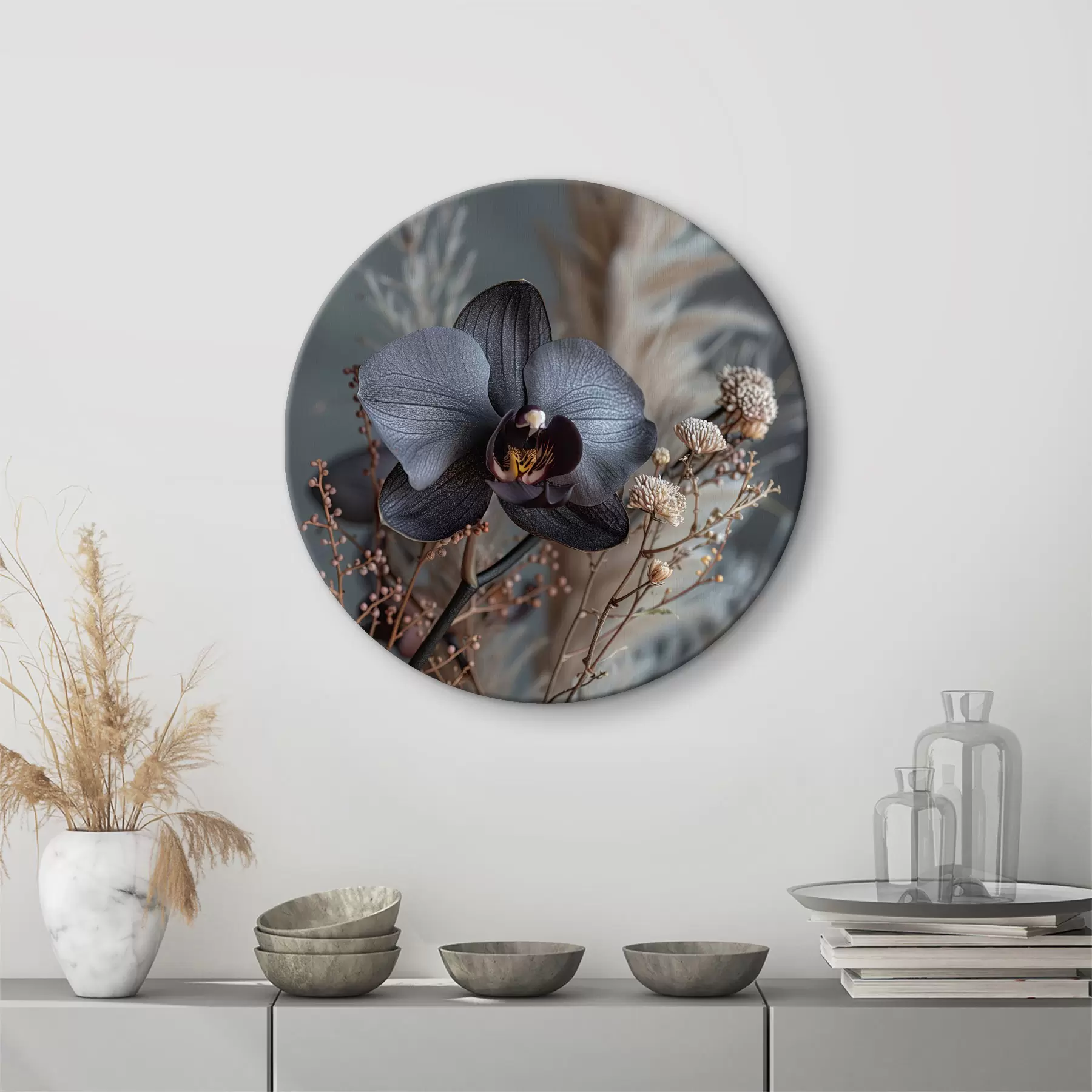 murales de pared Elegante arreglo floral con orquídea negra y otras flores secas r40661