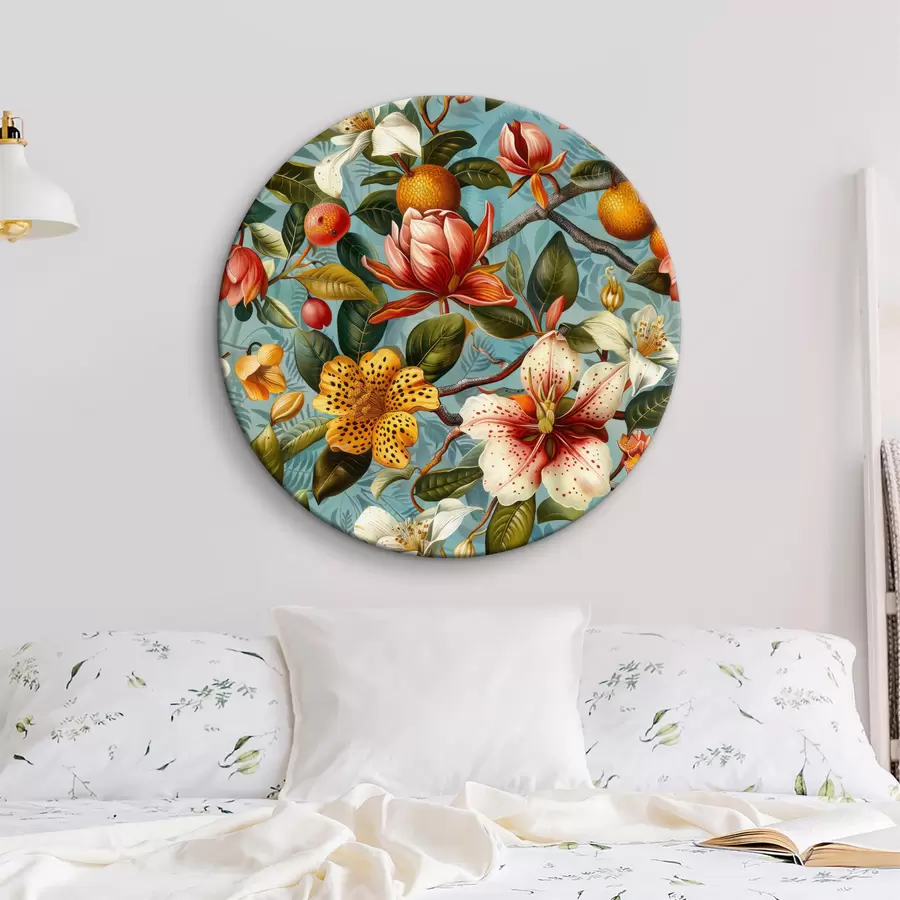 murales de pared Composición tropical con diversas plantas y flores tropicales sobre fondo azul r40665