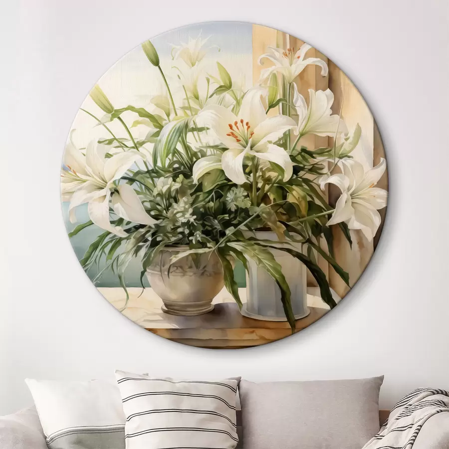 murales de pared Lirios blancos en un jarrón en el balcón con vistas al mar y las montañas acuarela r40682