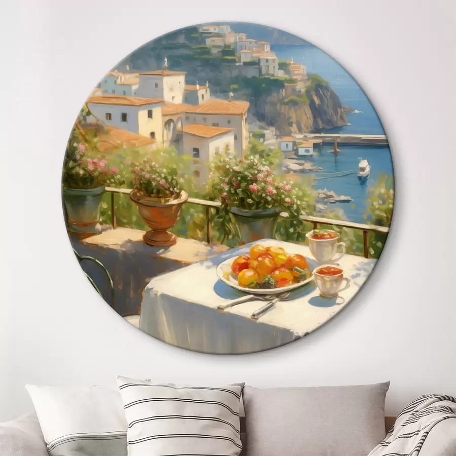 murales de pared Naranjas en un plato sobre una mesa con vistas al mar y a la ciudad r40719