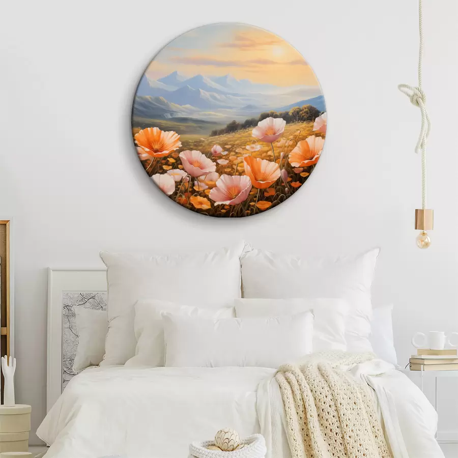 murales de pared Un campo de amapolas al amanecer con montañas al fondo r40730