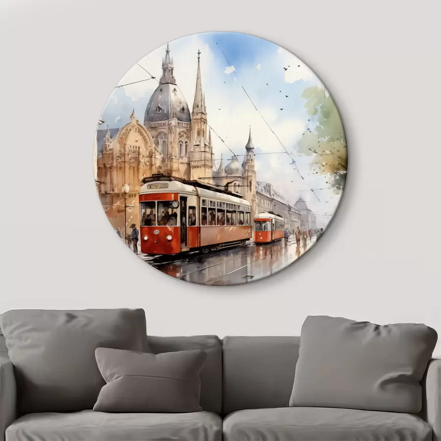 murales de pared Tranvía rojo en una calle de Viena acuarela r40732