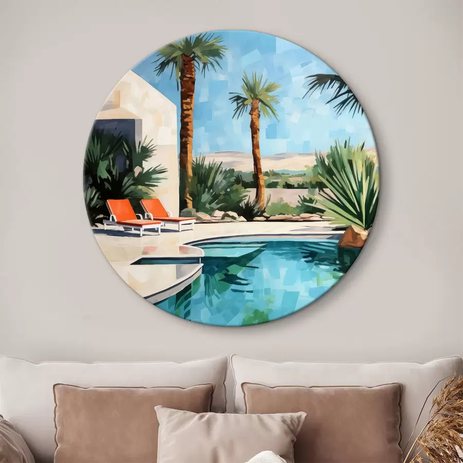 murales de pared Palmeras cerca del hotel con una piscina cerca de las rocas, colores azul, verde, rojo r40748