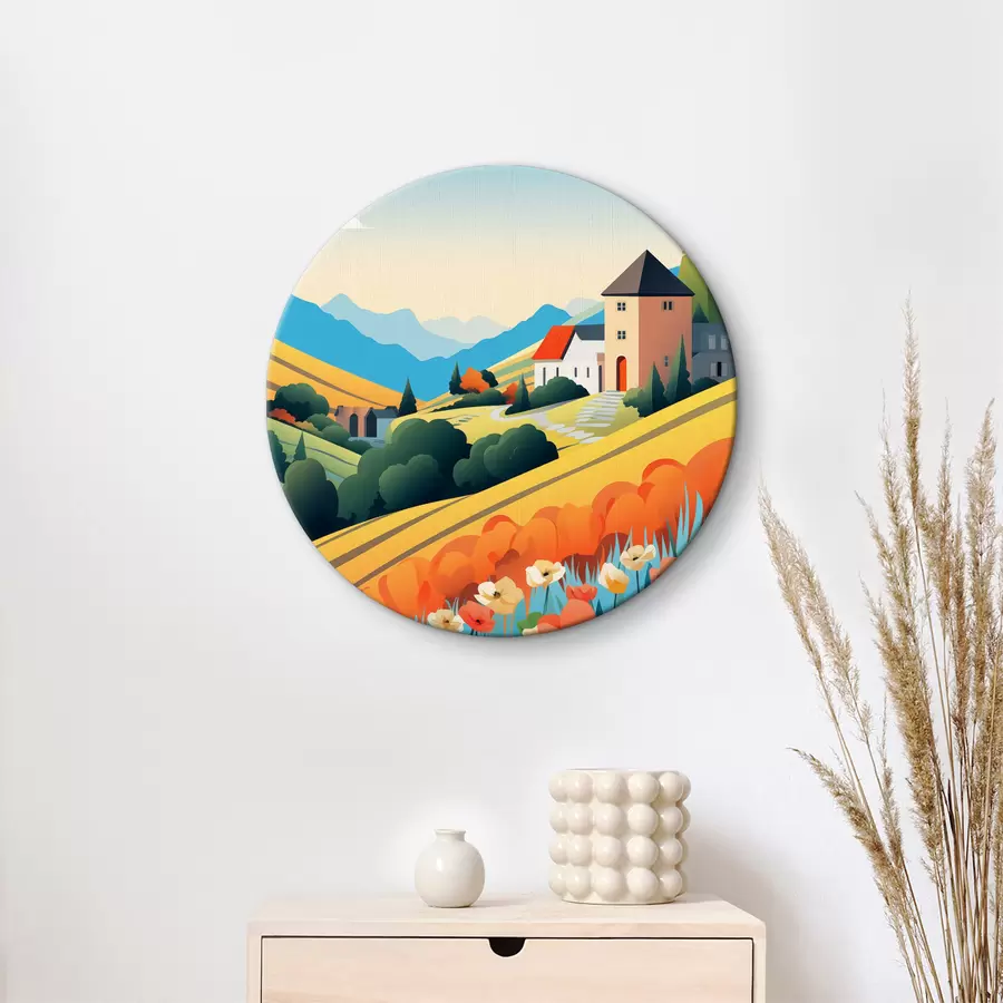 murales de pared Luminoso paisaje rural con campo, amapolas y casas r40756