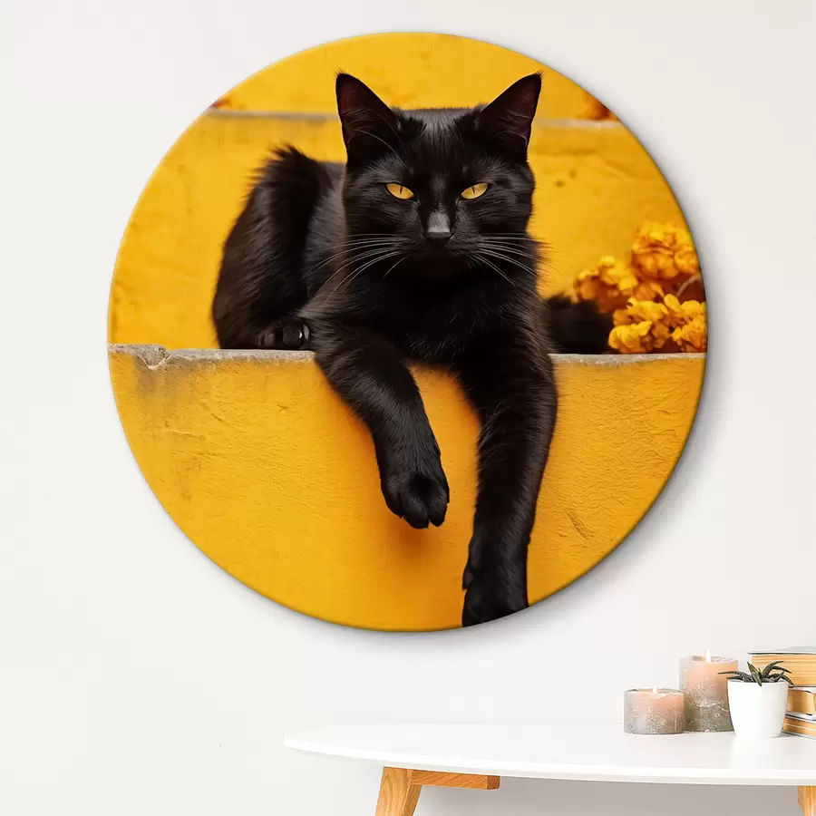 murales de pared Un gato negro yace en las escaleras amarillas r40798