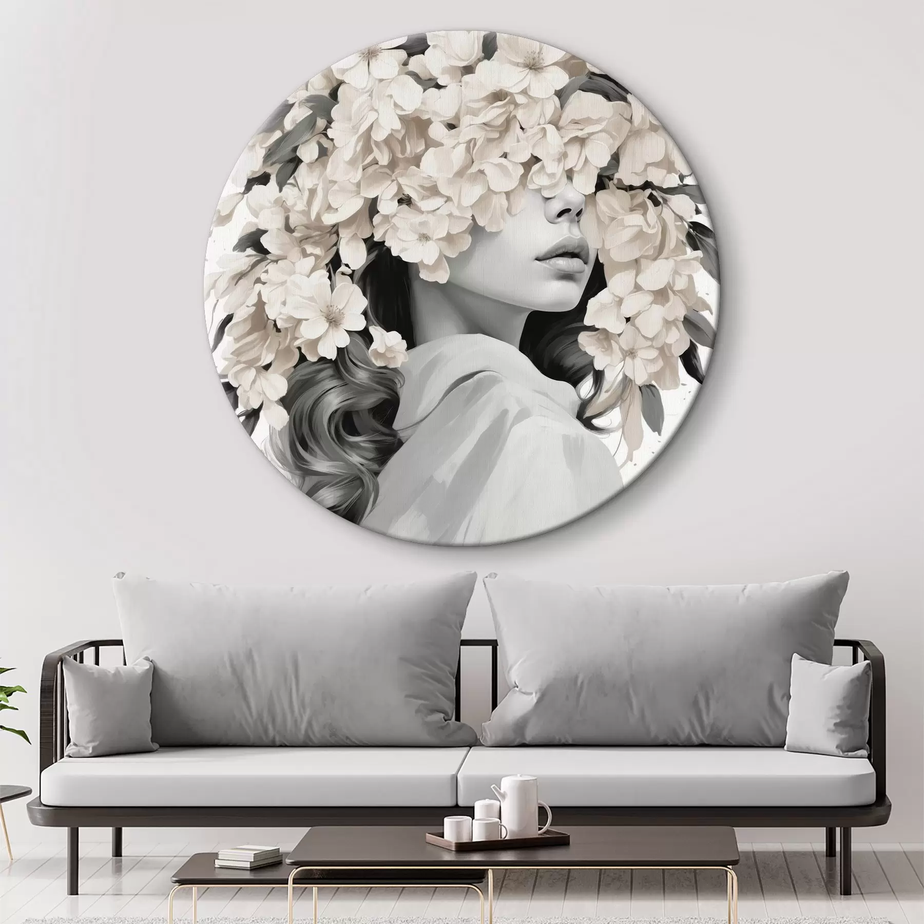 murales de pared Chica con flores en la cara en colores blanco y negro r40849