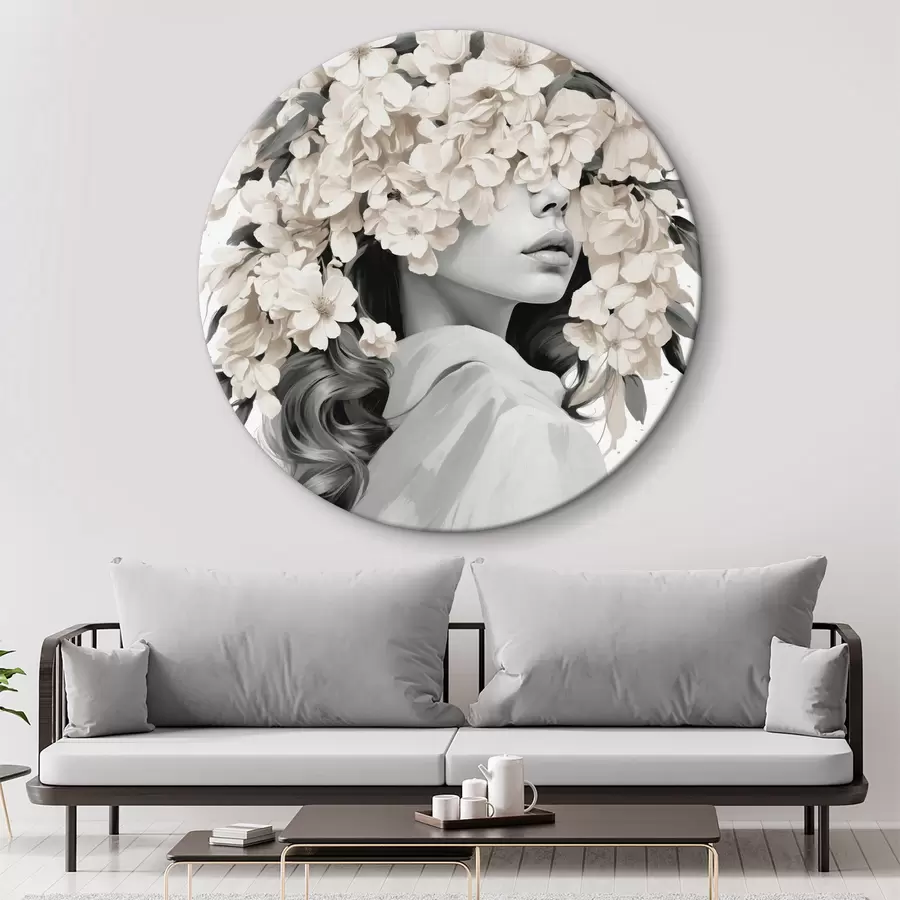 murales de pared Chica con flores en la cara en colores blanco y negro r40849
