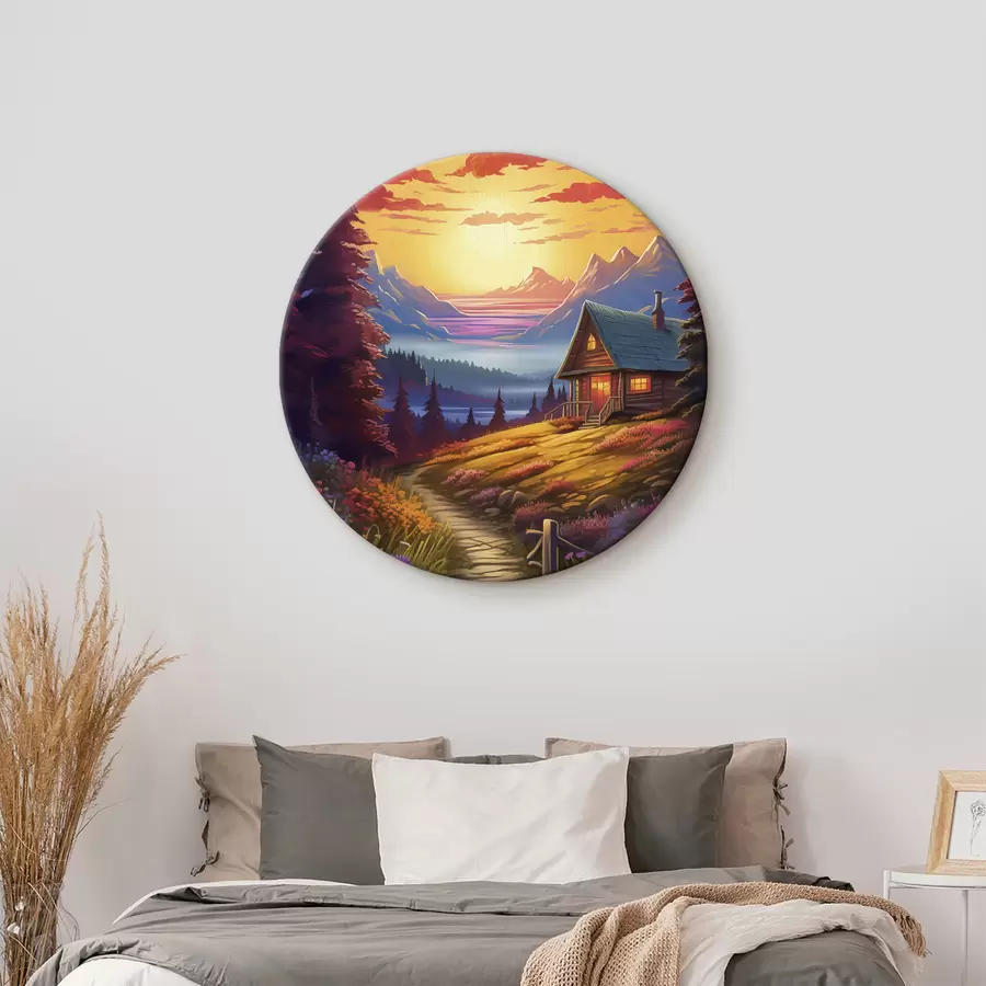 murales de pared Paisaje caprichoso con montañas y casa de madera r40940