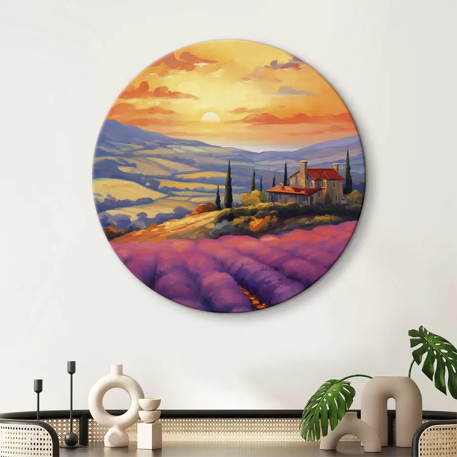 murales de pared Puesta de sol en Toscana, campos de lavanda, bellos paisajes, acuarela r40942