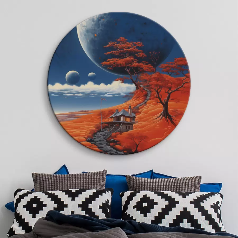 murales de pared Ilustración espacial, planetas, cielo azul, casa en la colina, árboles r40946