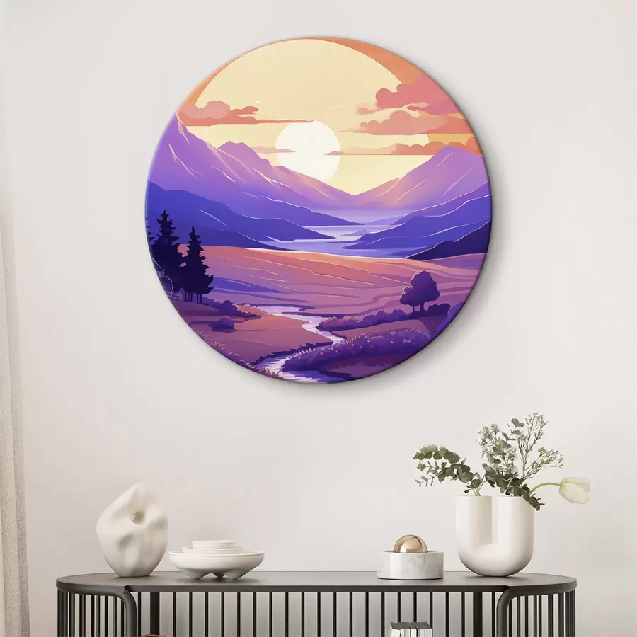 murales de pared Puesta de sol púrpura en las montañas, río, árboles, pequeña casa r40949