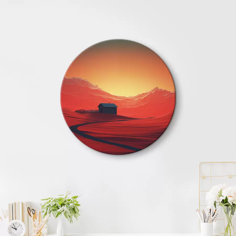 murales de pared Noche en el desierto, luna, arenas rojas, futurismo, casa pequeña r40950