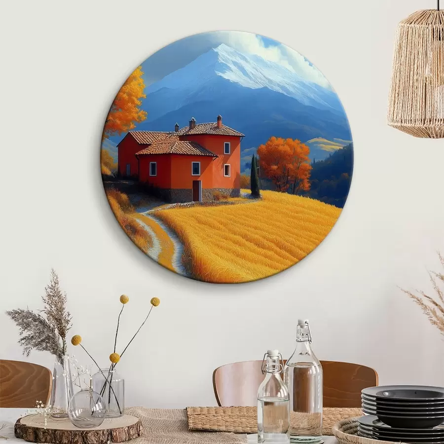 murales de pared Una cabaña en un campo con montañas otoñales al fondo r40962