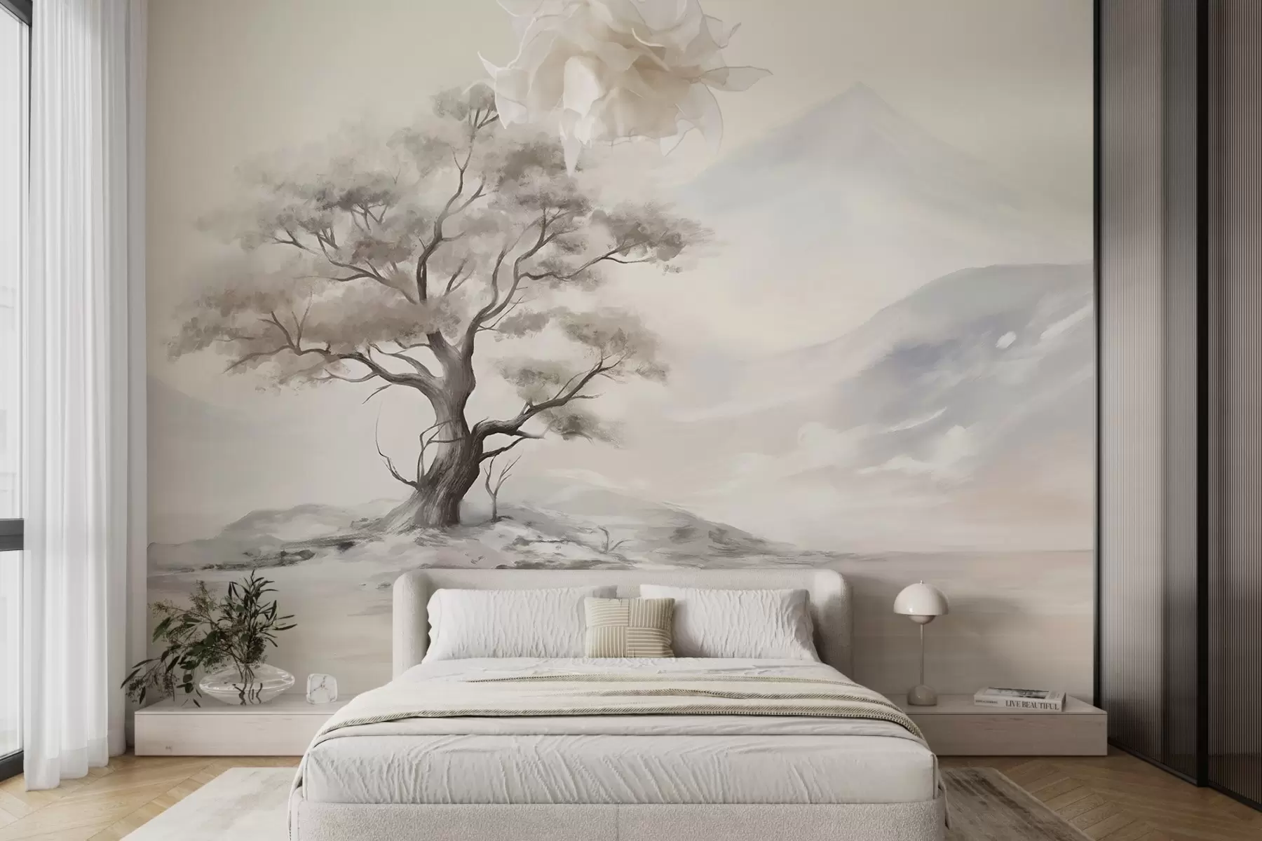 murales de pared Dibujo minimalista de un árbol solitario y retorcido en un paisaje desolado y rocoso con montañas al fondo  w08604