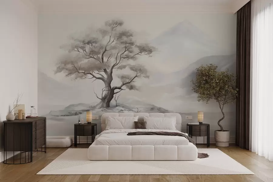 murales de pared Dibujo minimalista de un árbol solitario y retorcido en un paisaje desolado y rocoso con montañas al fondo  w08604