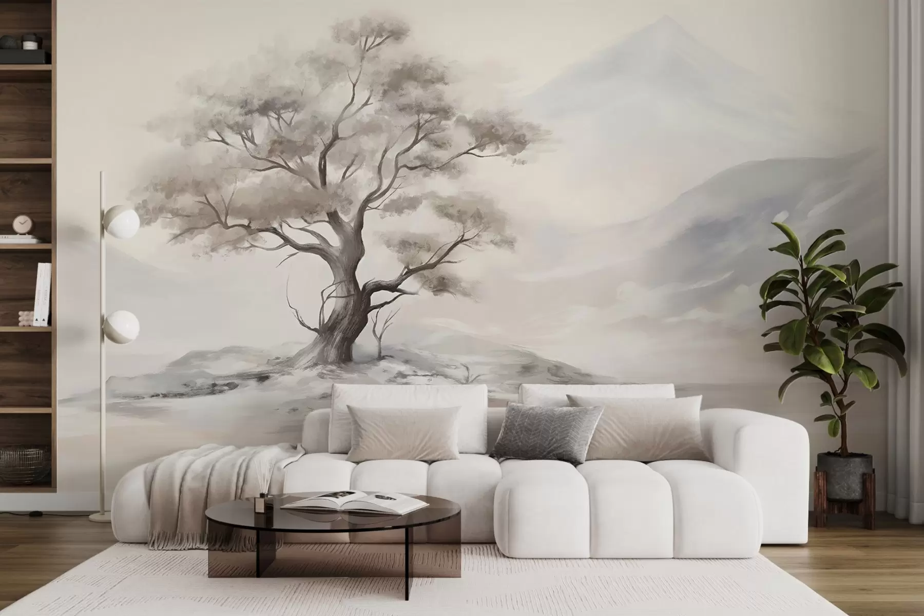 murales de pared Dibujo minimalista de un árbol solitario y retorcido en un paisaje desolado y rocoso con montañas al fondo  w08604