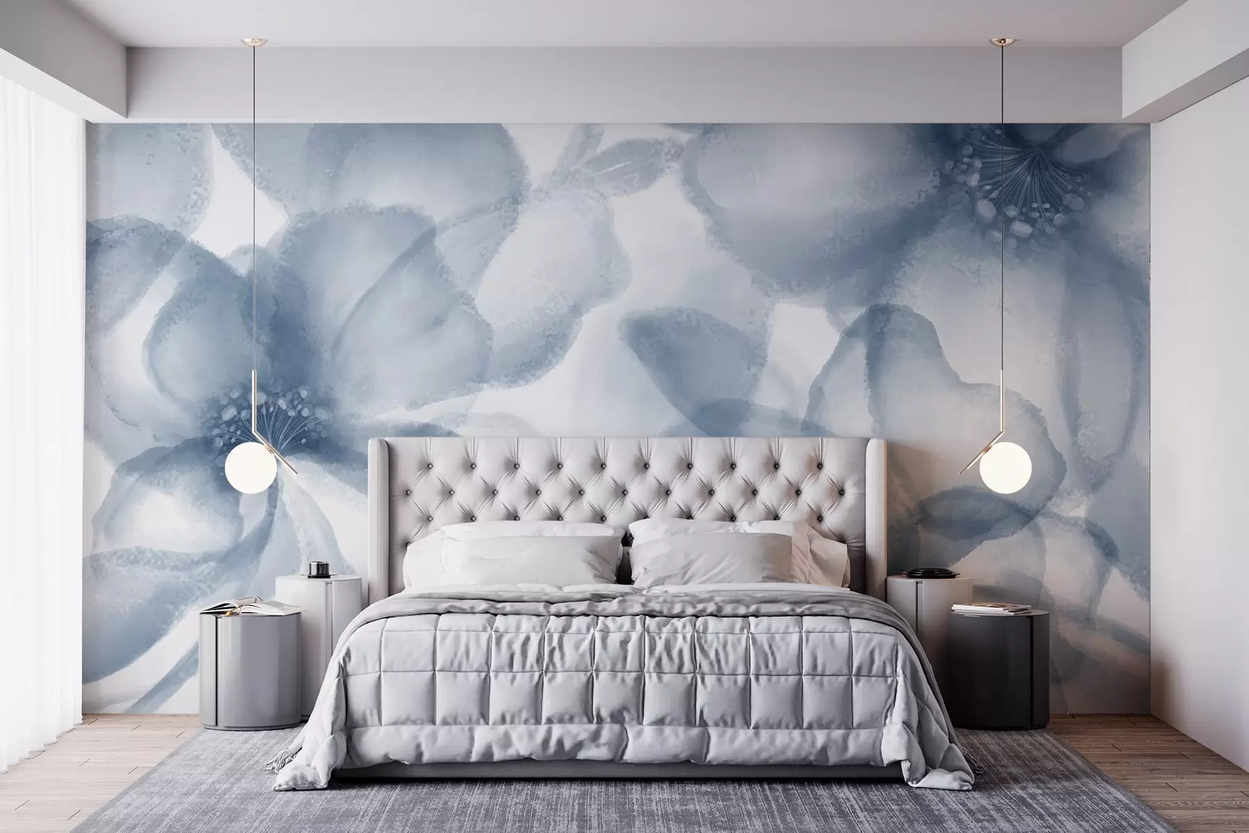 murales de pared Flores azules abstractas suaves y difuminadas que crean un estampado floral sereno y tranquilizador w08607